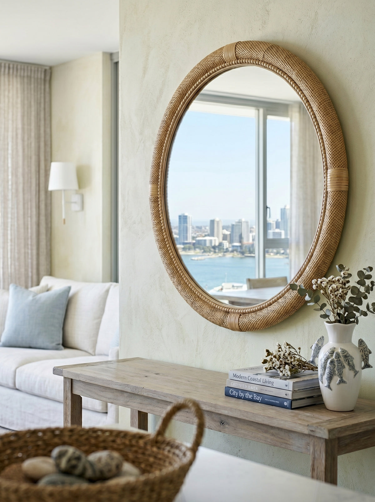 31.9" Woven Rattan Decorative Round Mirror with Wrapped Accents
