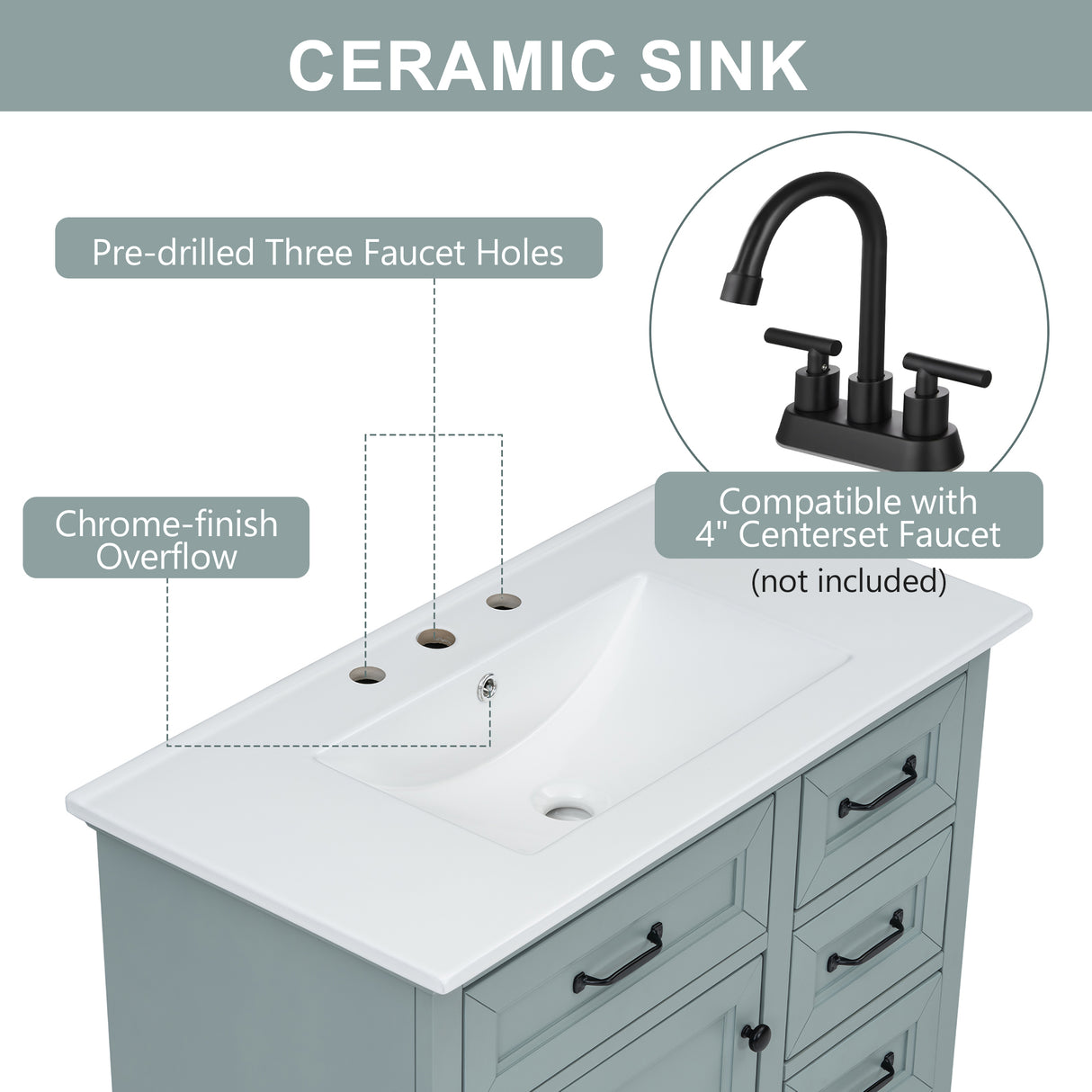 36" Bathroom Vanity with Ceramic Sink and Storage