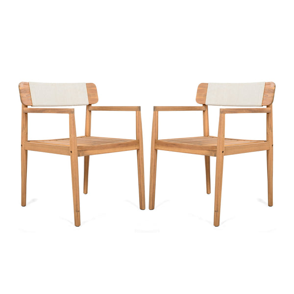 Creative Braided Acacia Wood Outdoor Dining Chairs with Armrests (Set of 2) - Teak / White
