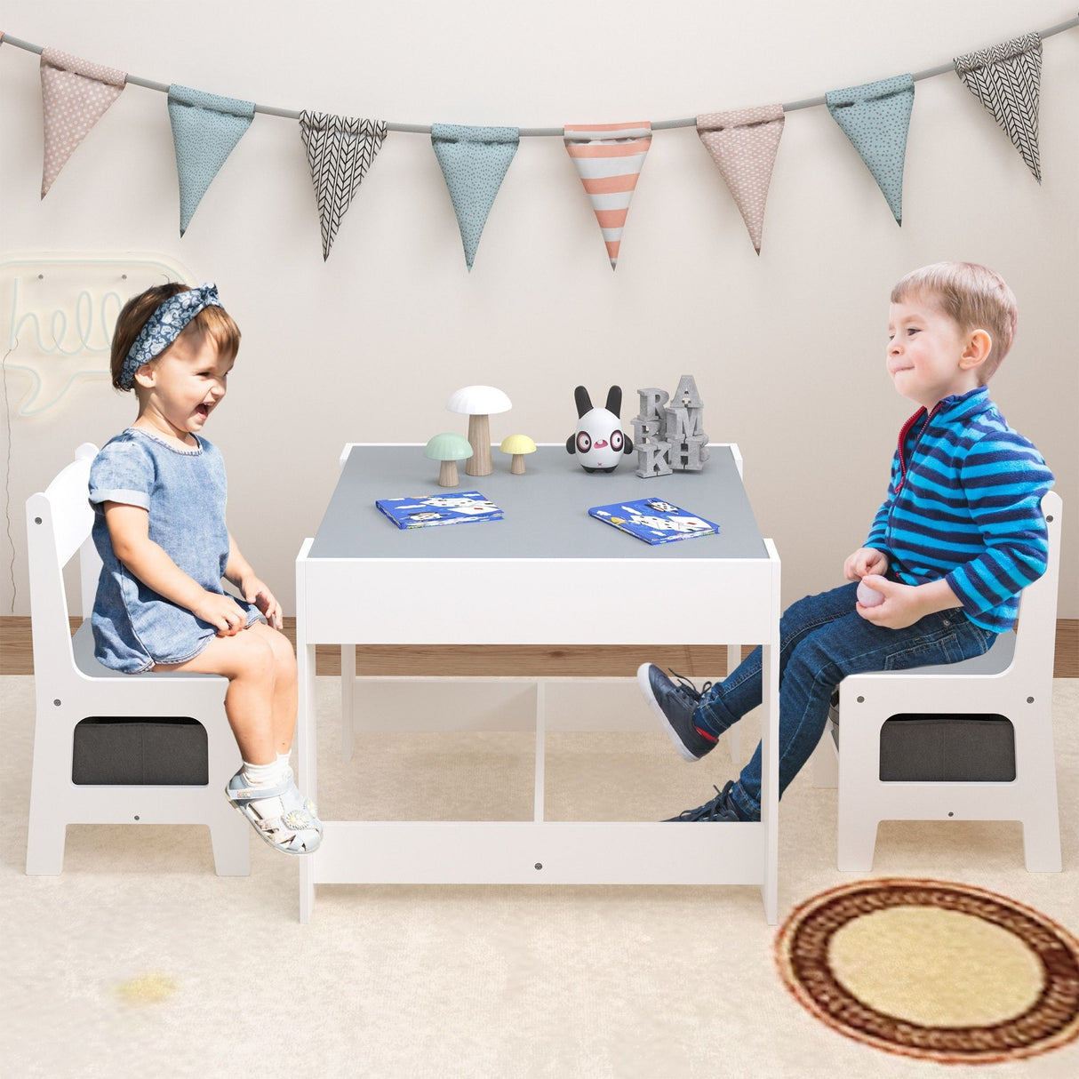 Kids Table And Chair Set, 3 In 1 Activity Table With Storage Drawer For Toddlers Drawing, Reading, Crafts, 2 In 1 Detachable Top - White