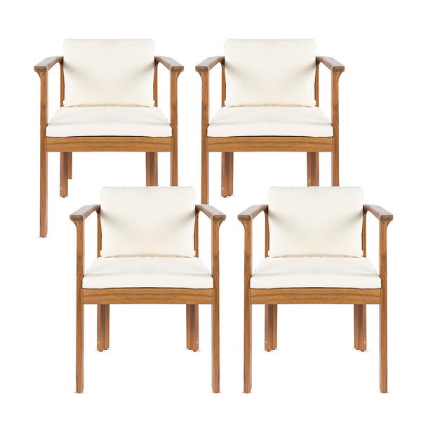 Outdoor Dining Chair Set of 4 with Curved Acacia Wood Arms and Cream Cushions