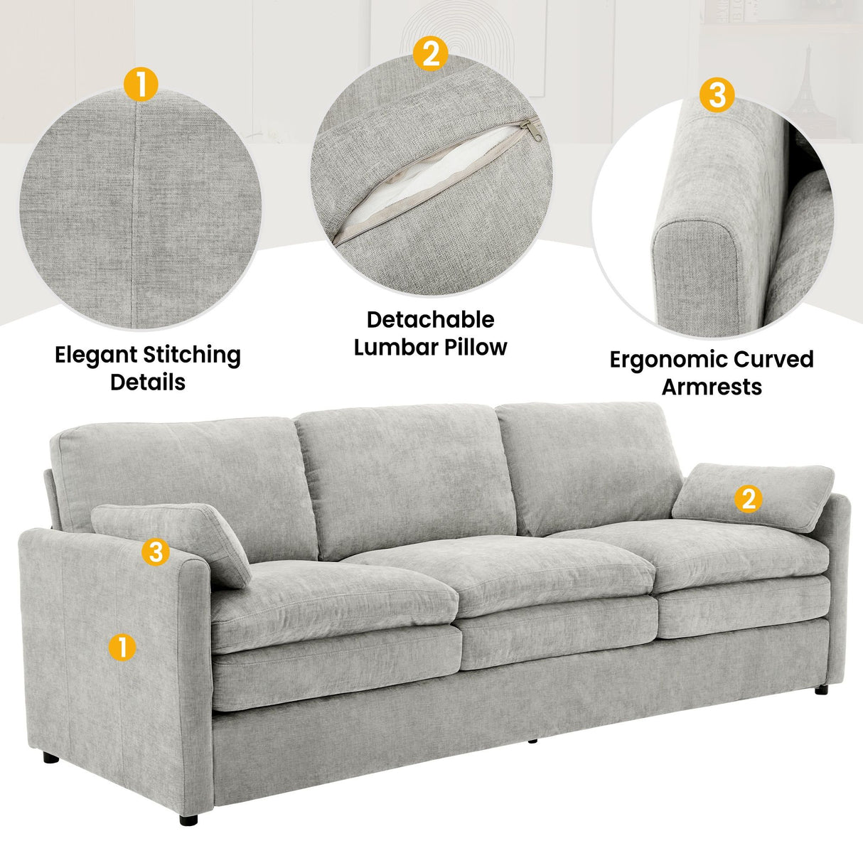 Cozy Upholstered 3 Seater Sofa With Double Cushion