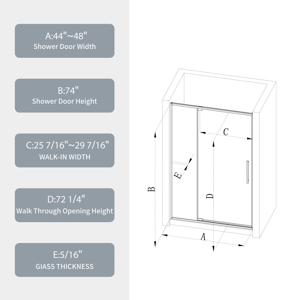 44-48"W x 74"H Pivot Shower Door with Brushed Nickel Finish