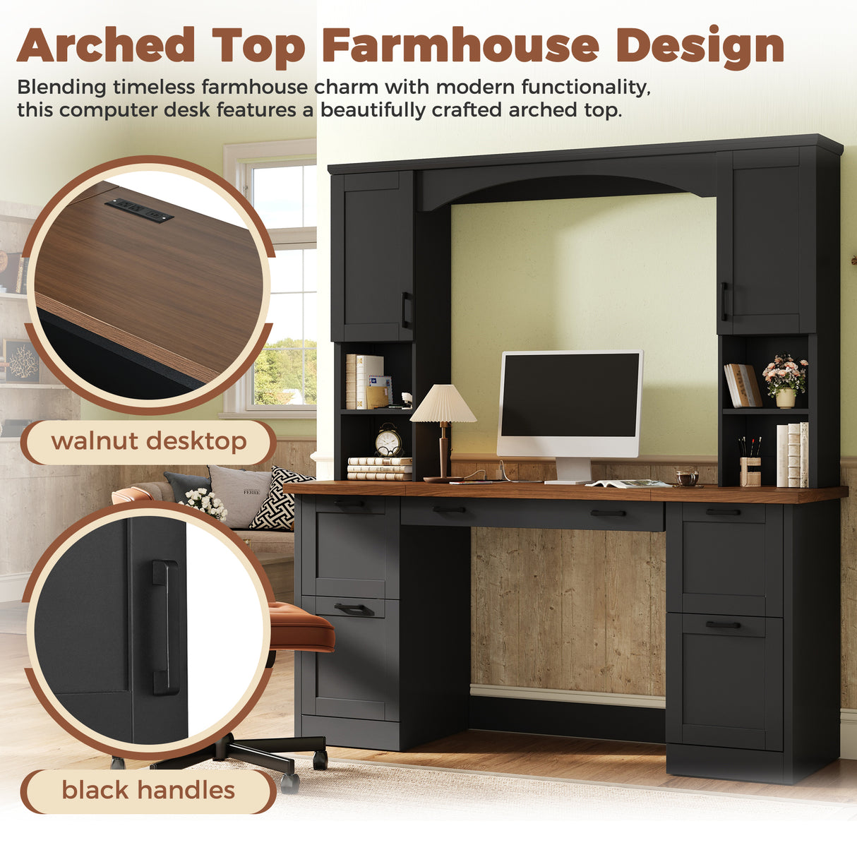 ON-Trend Farmhouse Arched Computer Desk with Hutch