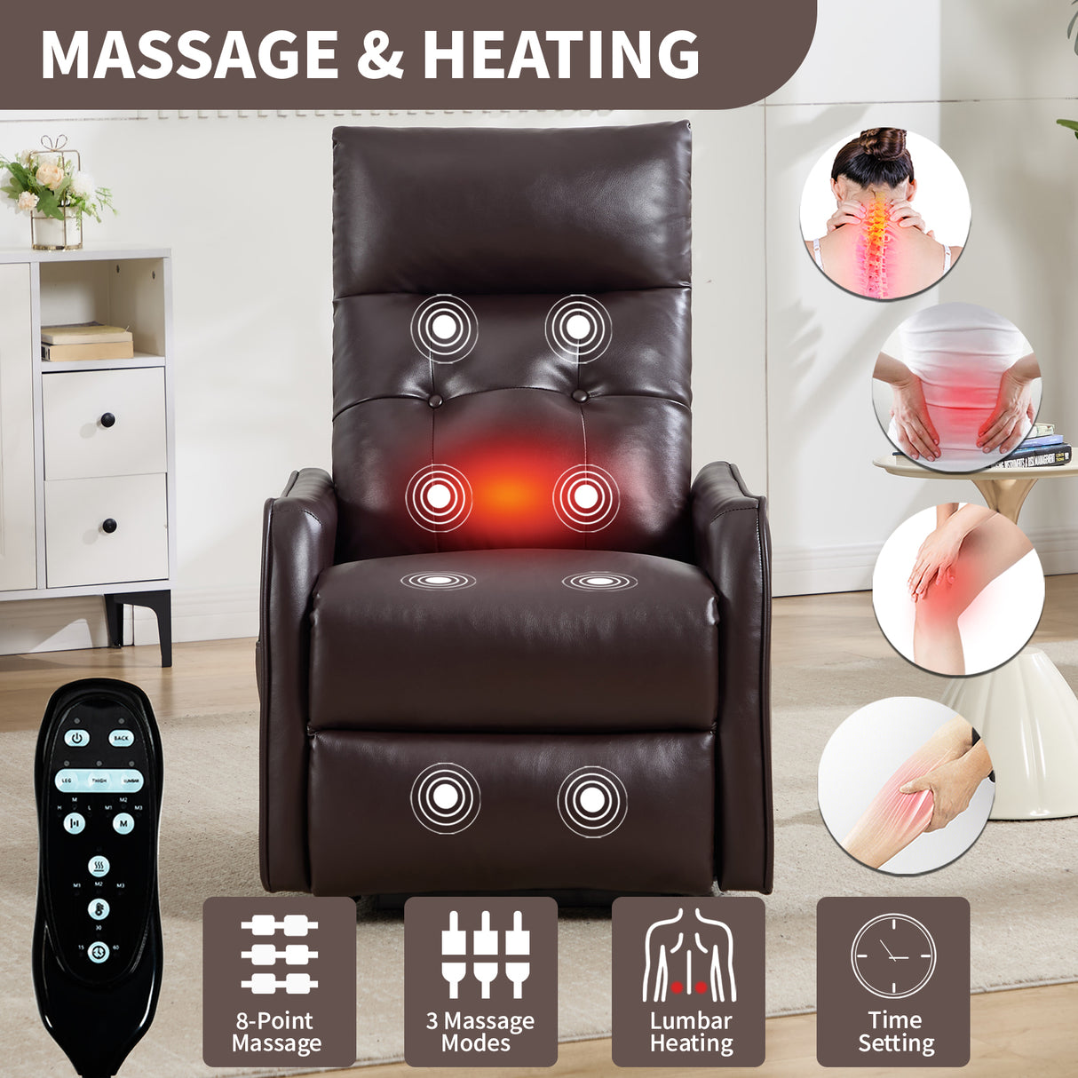 Brown PU Single Motor Power Lift Recliner Chair with Massage & Heat