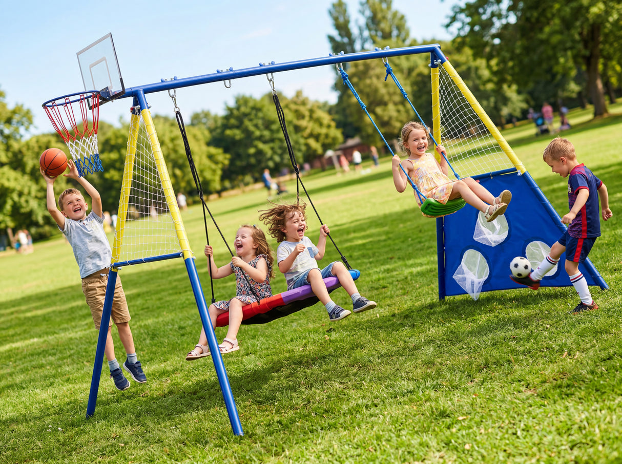 5-in-1 Kids Swing Set with Saucer Swing, Belt Swing, Basketball Hoop & Soccer Goal