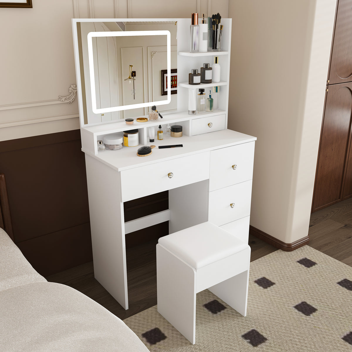 Fashion Vanity Desk with Mirror & 3-Color Dimmable LED Lights