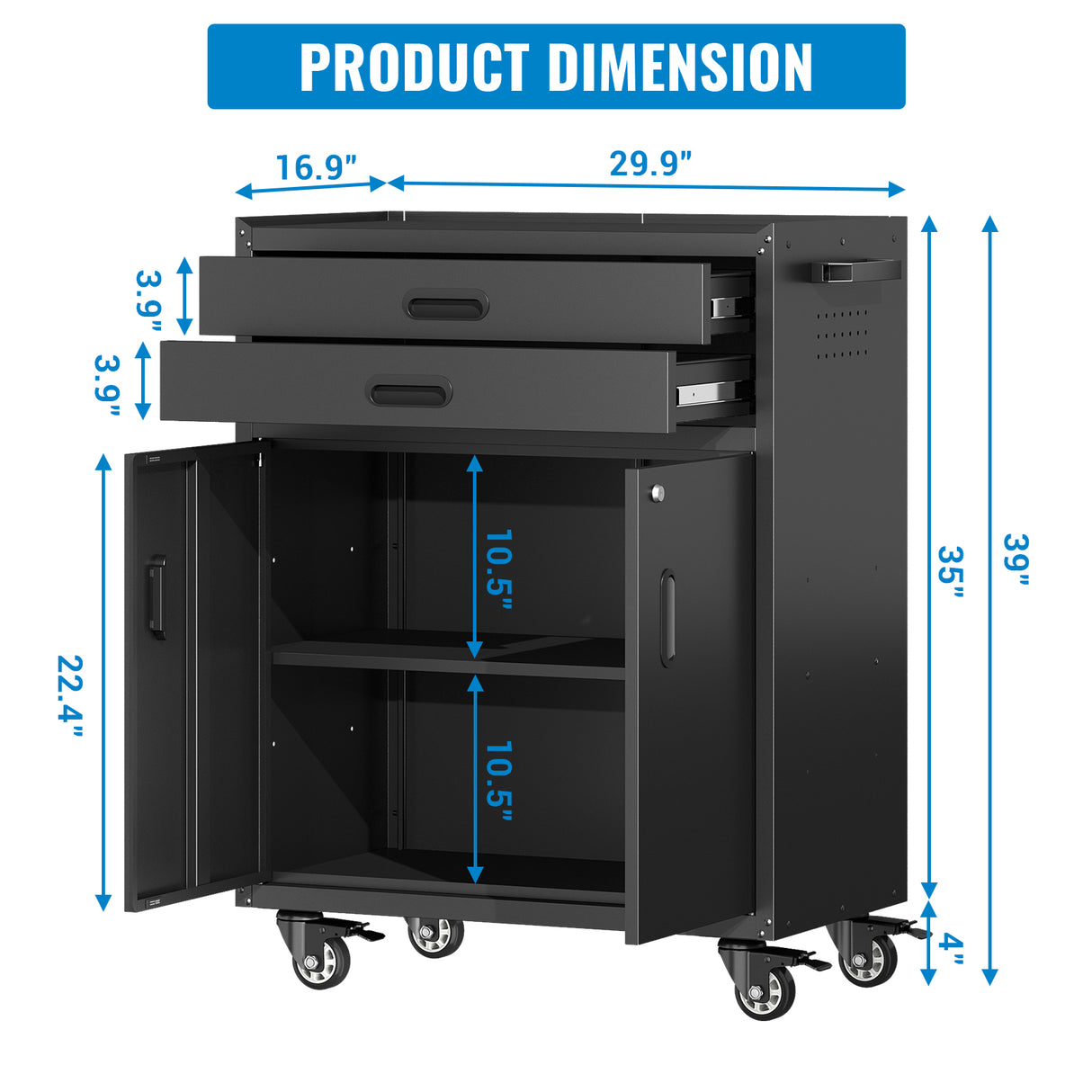 Metal Tool Garage Storage Cabinet with 2 Drawers and 2 Doors, with Wheels and Lock