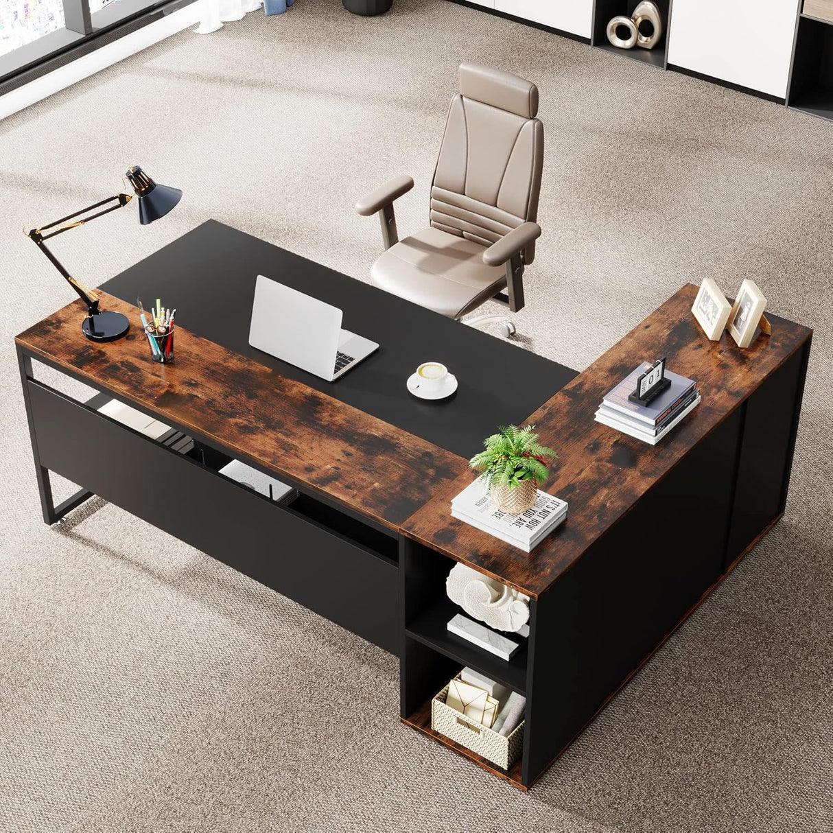 L-Shaped Executive Desk With Storage Cabinet & Shelves, Home Office Workstation With Cpu Stand And Printer Station - Brown / Black