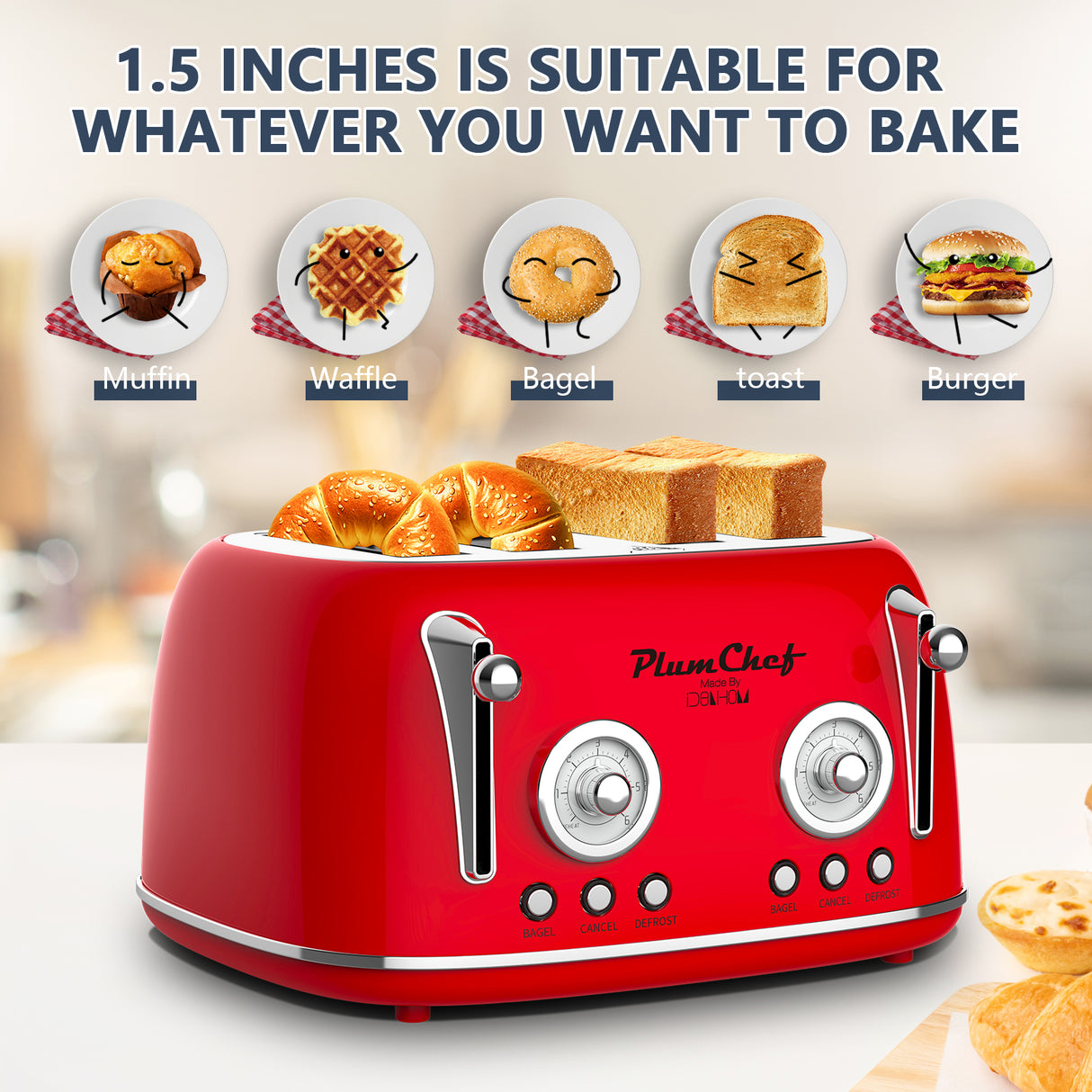 4 Slice Retro Style Toaster, Dual Control, 6 Browning Settings