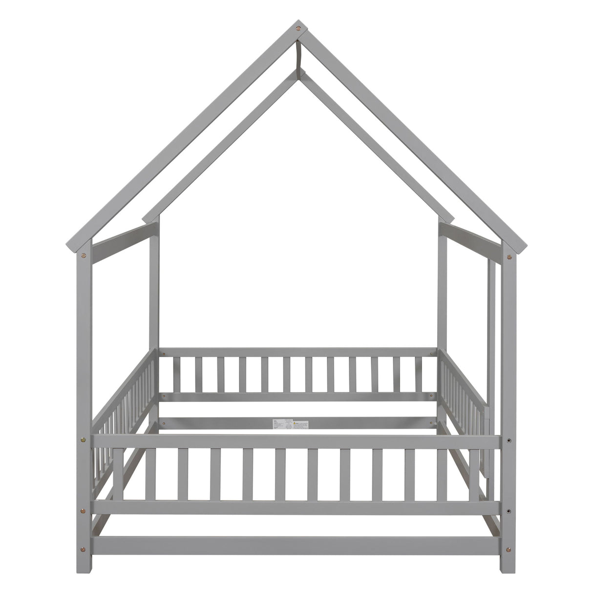 Floor Wooden Bed With House Roof Frame, Fence Guardrails