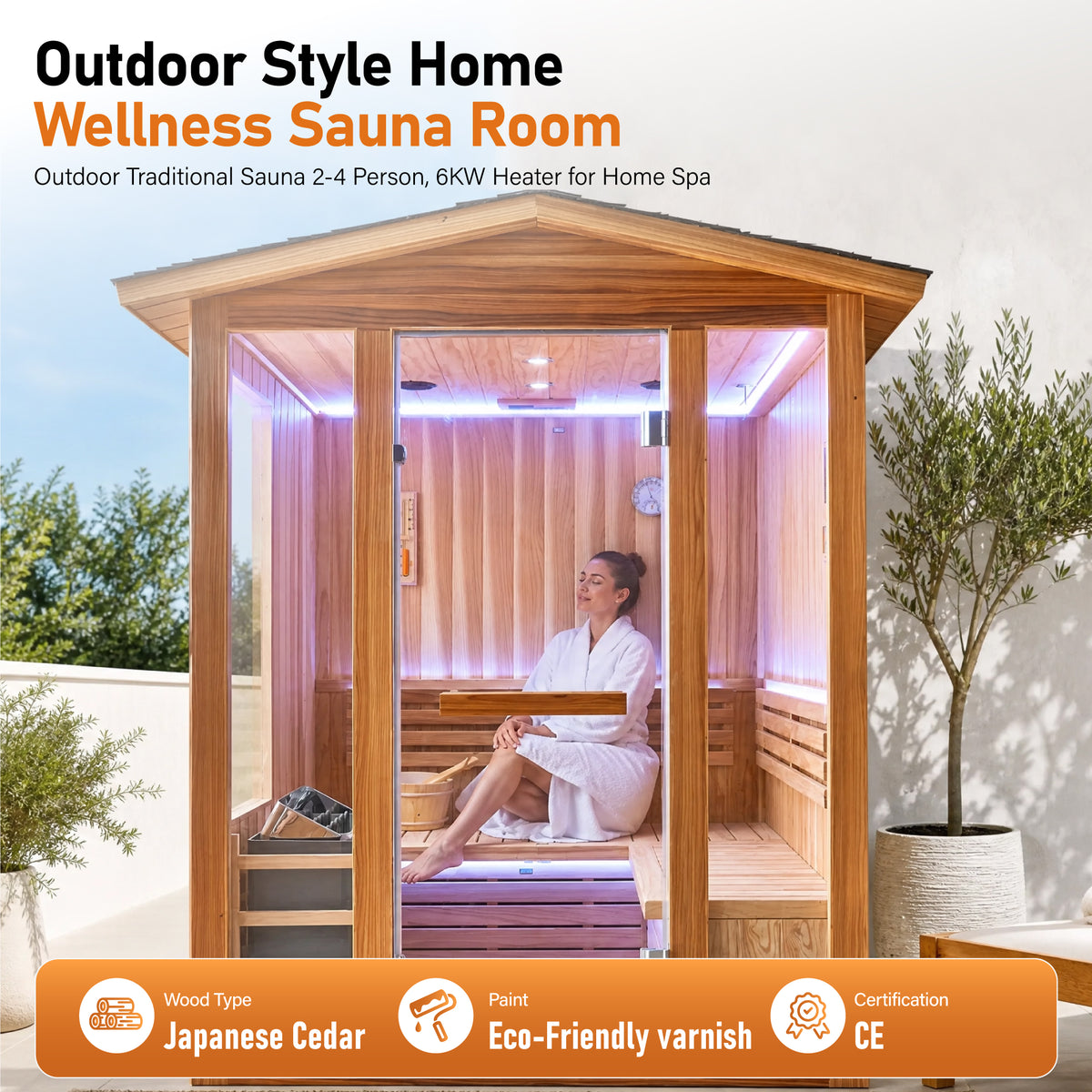 6000W Outdoor Traditional Steam Sauna with Cedar Wood for 4 People