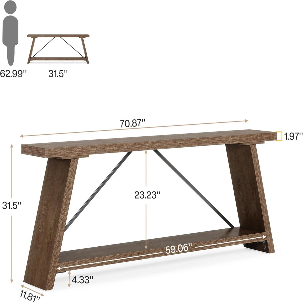 Console Table Extra Long Sofa Table With 2 Tier Shelves For Living Room
