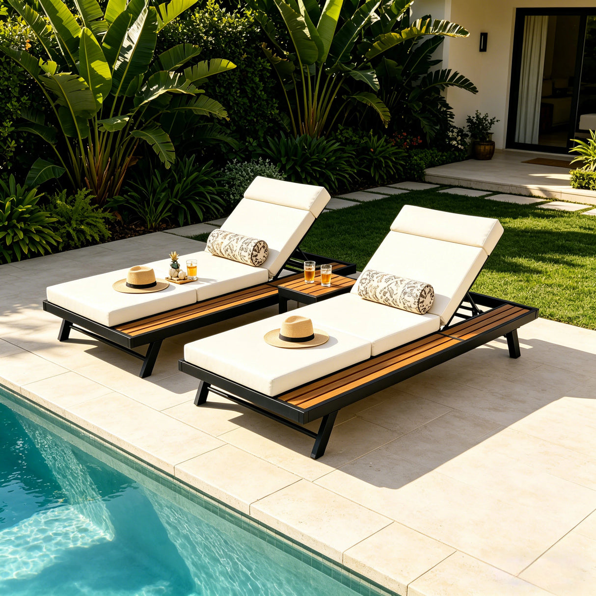 Black Iron and Teak Finish Outdoor Chaise Lounge Set