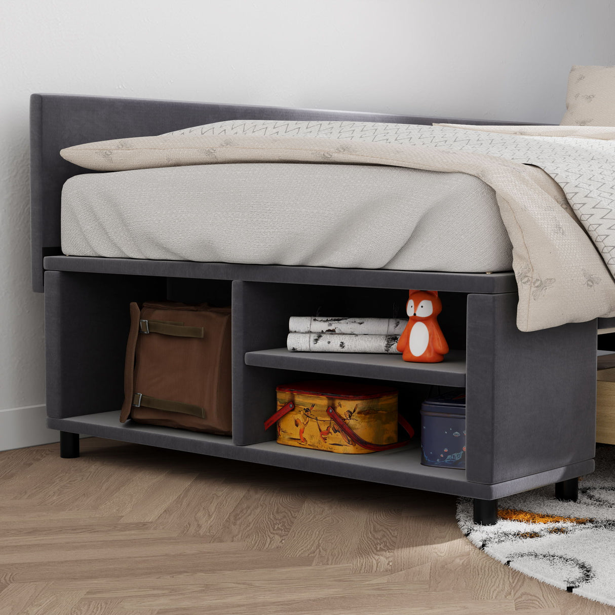 L Shaped Upholstered Platform Bed With Storage And Drawers