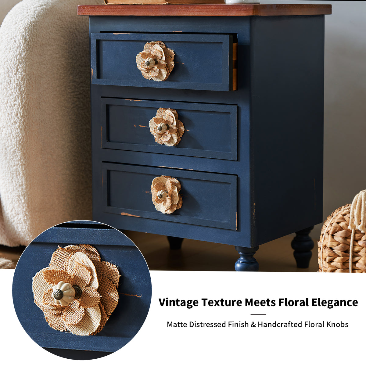 Vintage Farmhouse Nightstand with Floral Knobs, 3 Drawers, Antique Blue