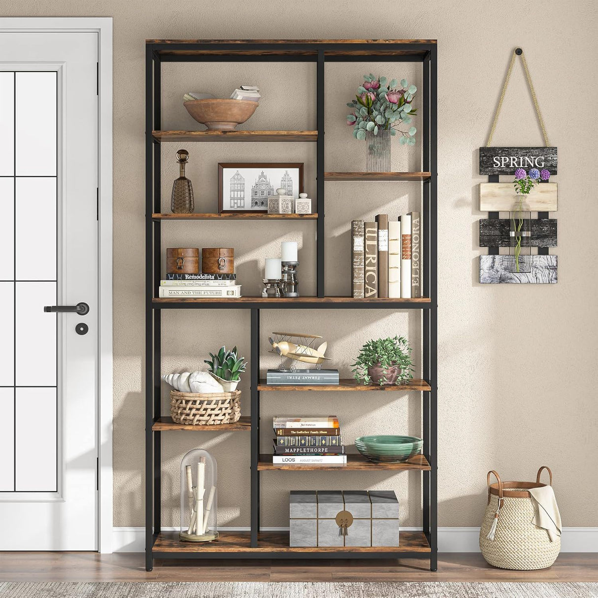 Extra Tall 8 Tier Staggered Etagere Bookcase With 8 Shelves Organizer For Living Room - Rustic Brown