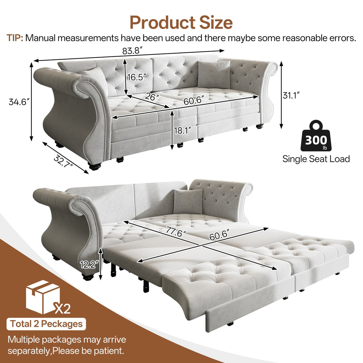 Oversized Chesterfield Pull Out Sofa Bed with Flower Tufting