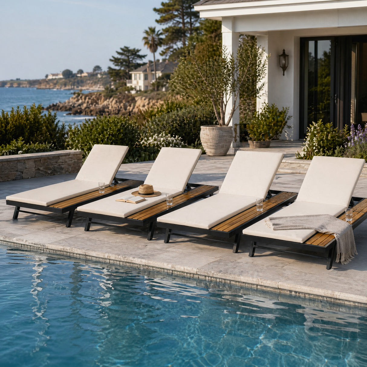 Black Iron and Teak Finish Outdoor Chaise Lounge Set
