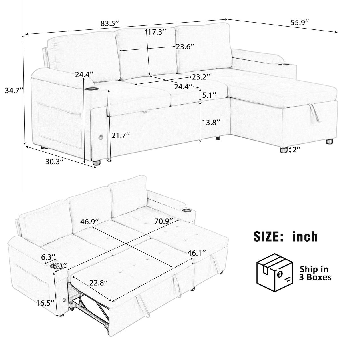Convertible L Shaped Sofa Couch With Storage, Cup Holders, USB Ports