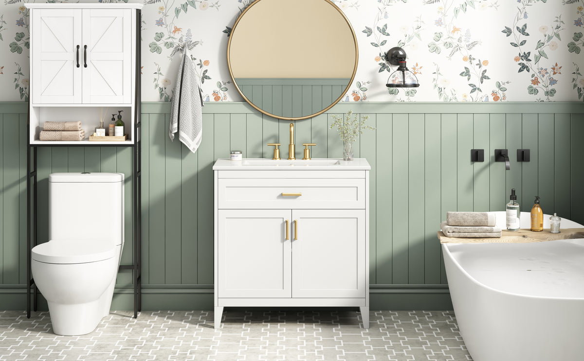 30-Inch Bathroom Vanity with Ceramic Sink Top, Soft-Close Doors, White
