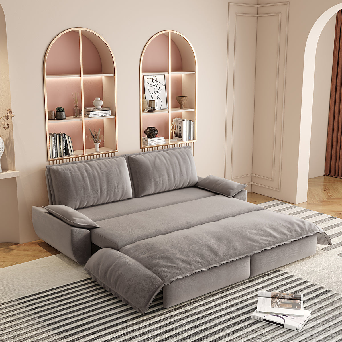 Grey Velvet Queen Pull Out Sofa Bed with 3-in-1 Convertible Design