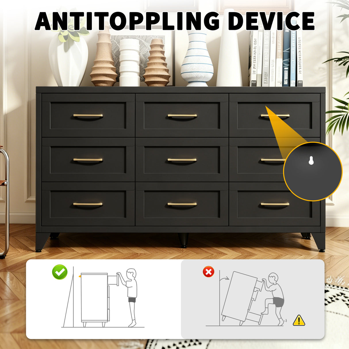 9 Drawer Dresser for Bedroom, Metal Profile Chest of Drawers
