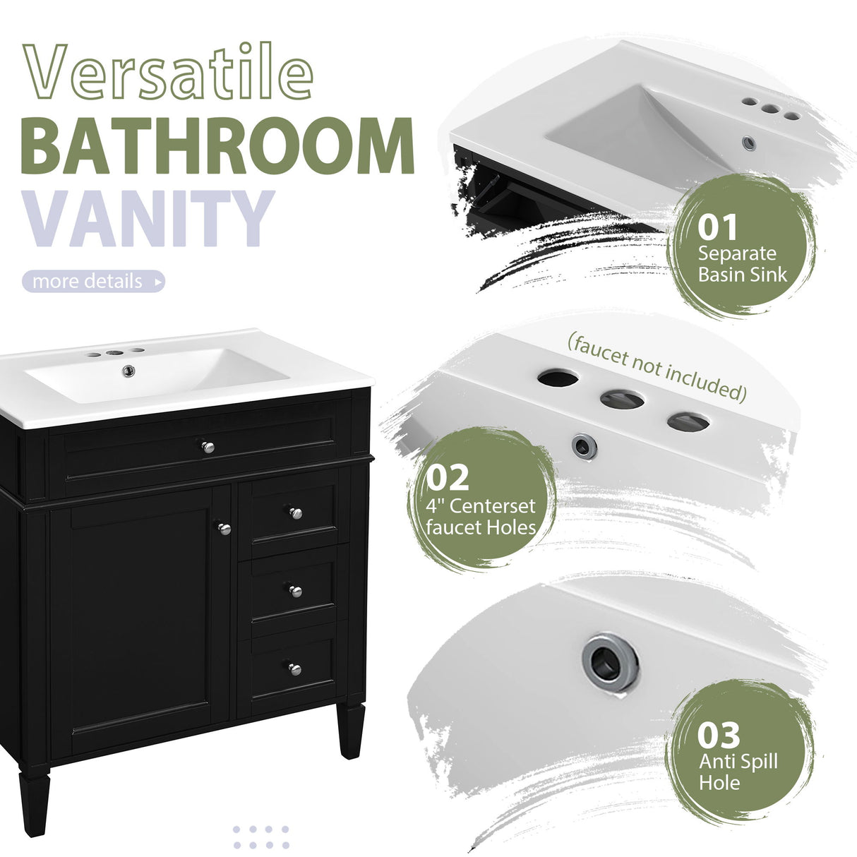 Bathroom Vanity With Top Sink, 2 Doors And 3 Drawers, Freestanding Set With Mirror Cabinet