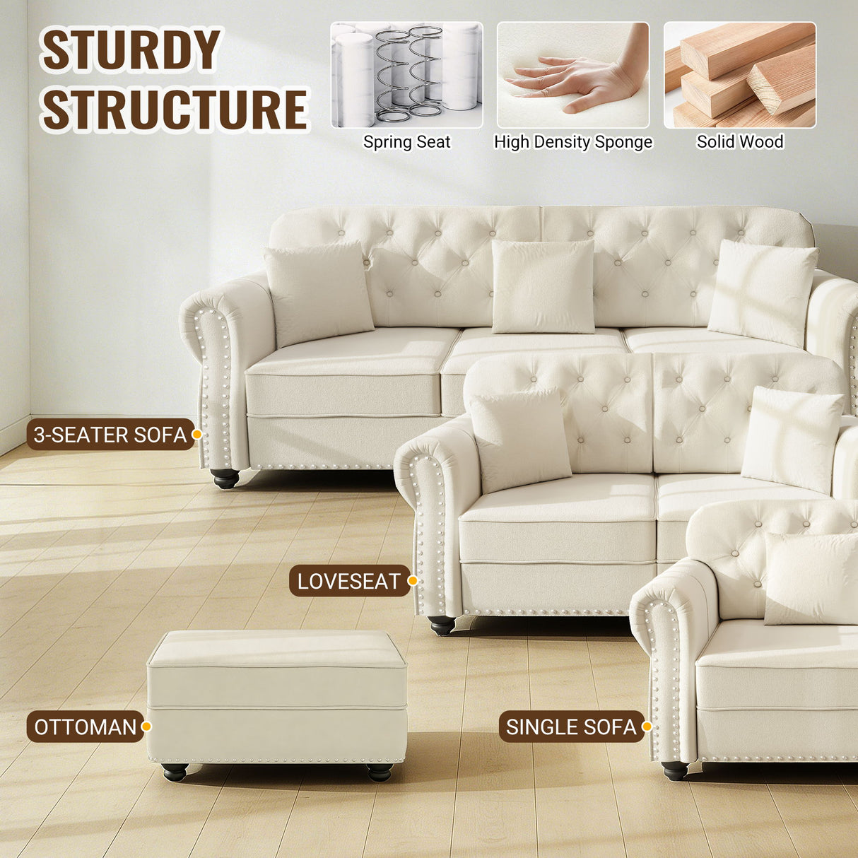 Upholstered Chesterfield Sofa With Nailhead Trim And Rolled Armrests