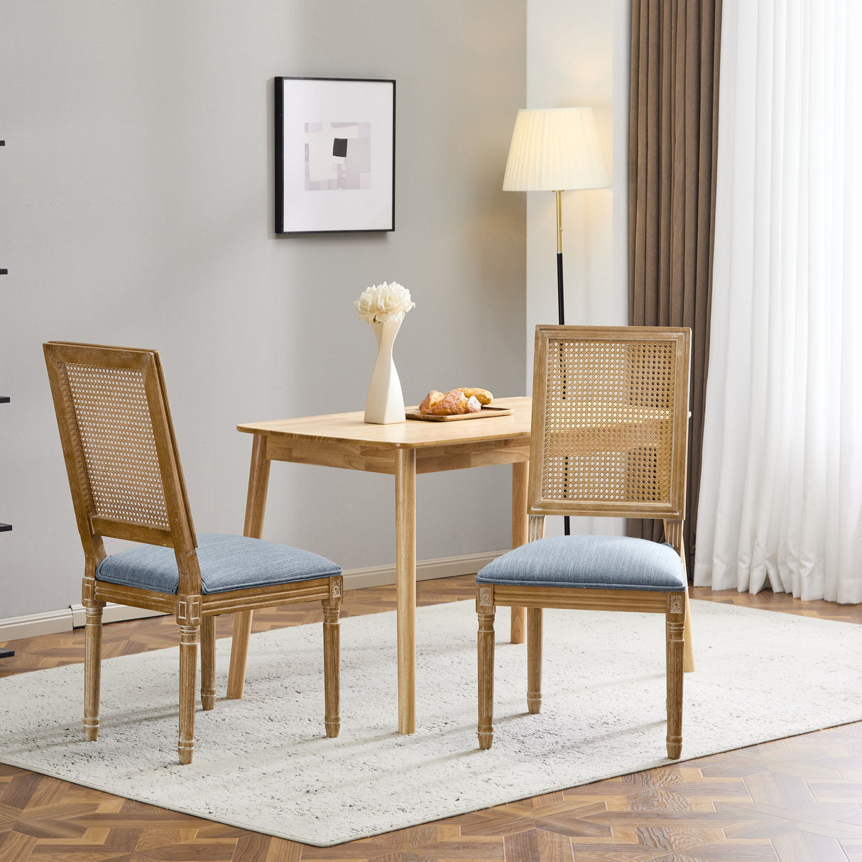 French Country Dining Chair With Rectangular Cane Backrest And Smooth Upholstered Seating