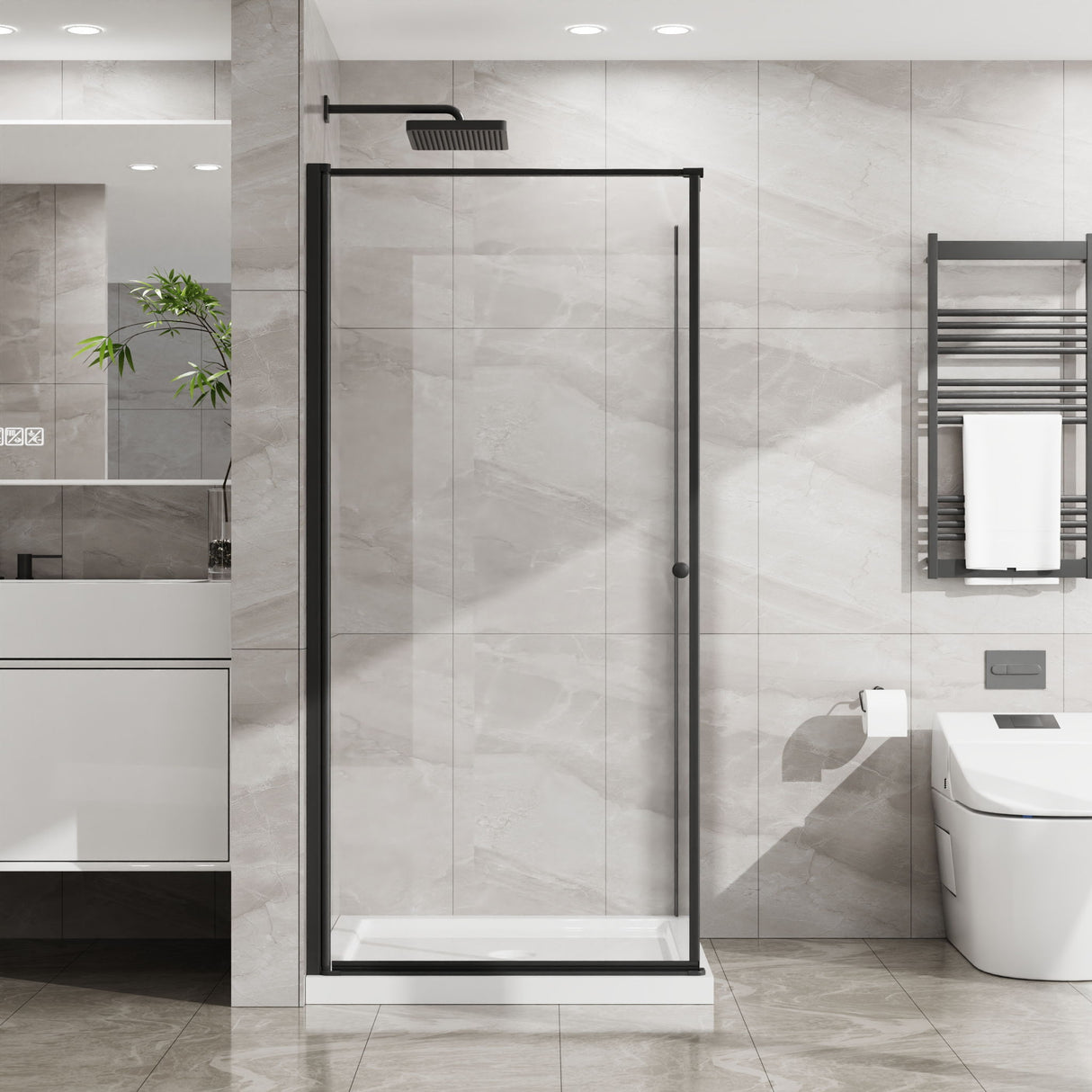 Corner Shower Enclosure, Frameless Pivot Door - Matte Black