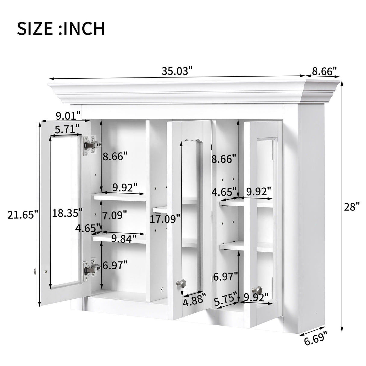 Bathroom Medicine Cabinet With Mirror, 5 Adjustable Closed Shelves, Wall-Mounted - White