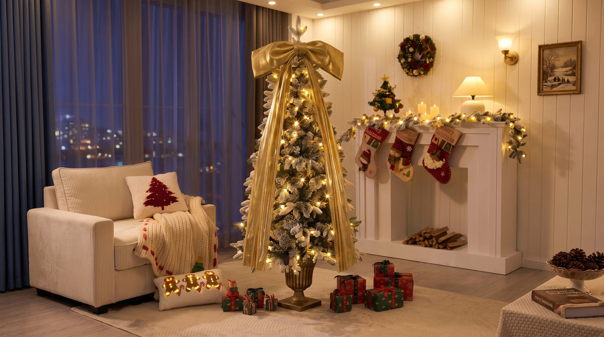6FT Pre-Lit Flocked Christmas Tree with 42 Real Pine Cones