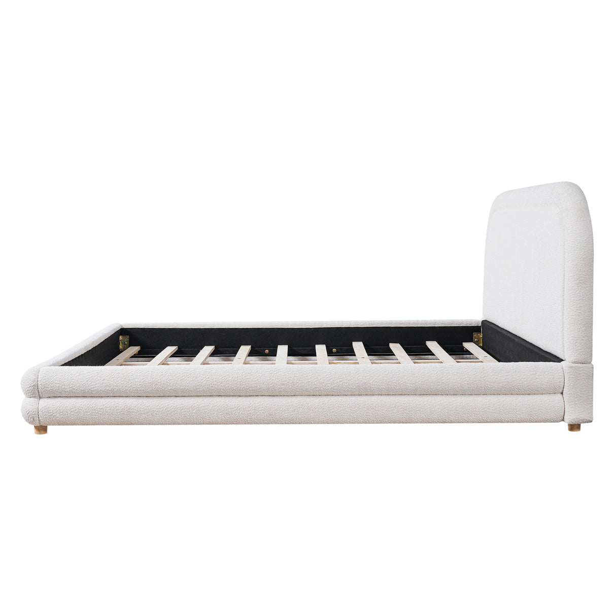 King Size Bed Frame With Boucle Upholstered Thick Curved Headboard, Solid Wood Legs
