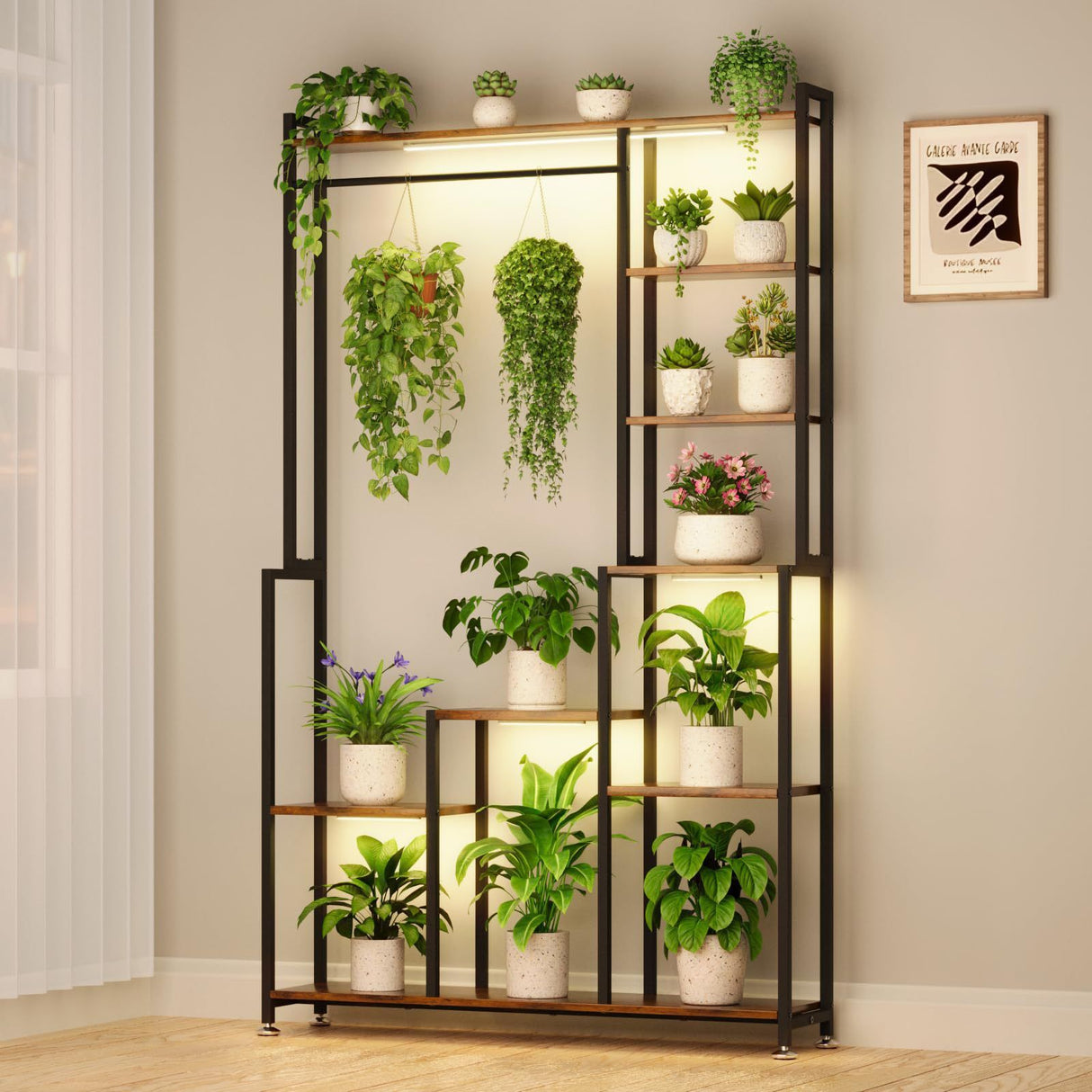 Large Plant Stand Indoor With Grow Light, Tall Plant Shelf, 8 Tiered Heavy Duty Metal Plant Stand, Square Flower Stand Display Rack For Living Room - Walnut / Black
