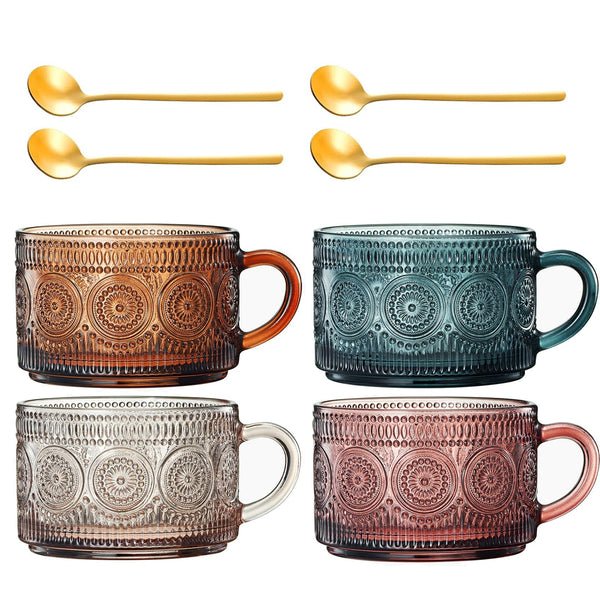 Tonal Hobnail Mug Glassware with Four Gold Spoons, Set of 4