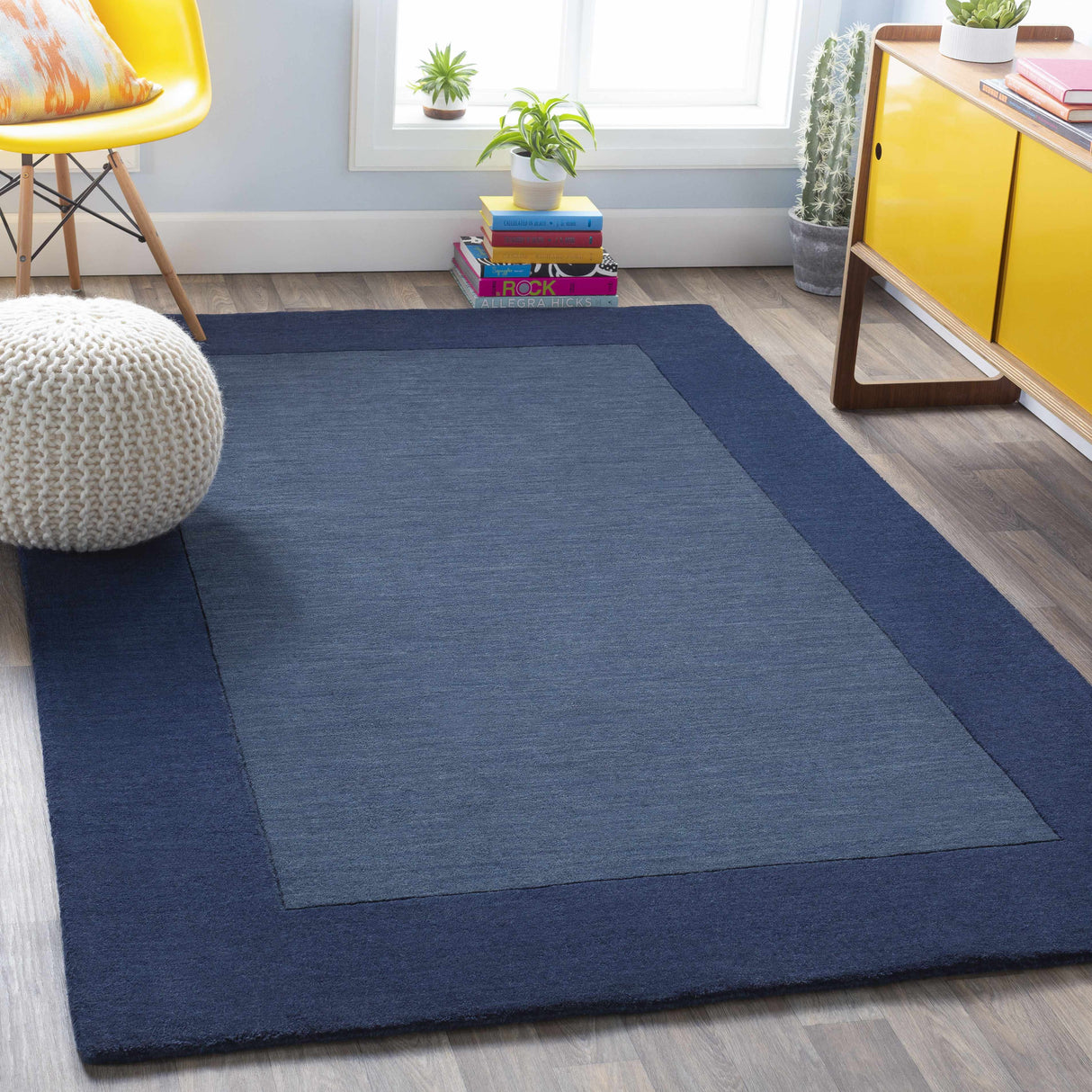Bordered Solid Ink Blue Wool Rug