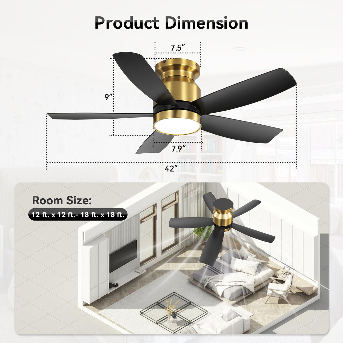 Flush Mount Ceiling Fan with LED Light and Remote Control - view 3