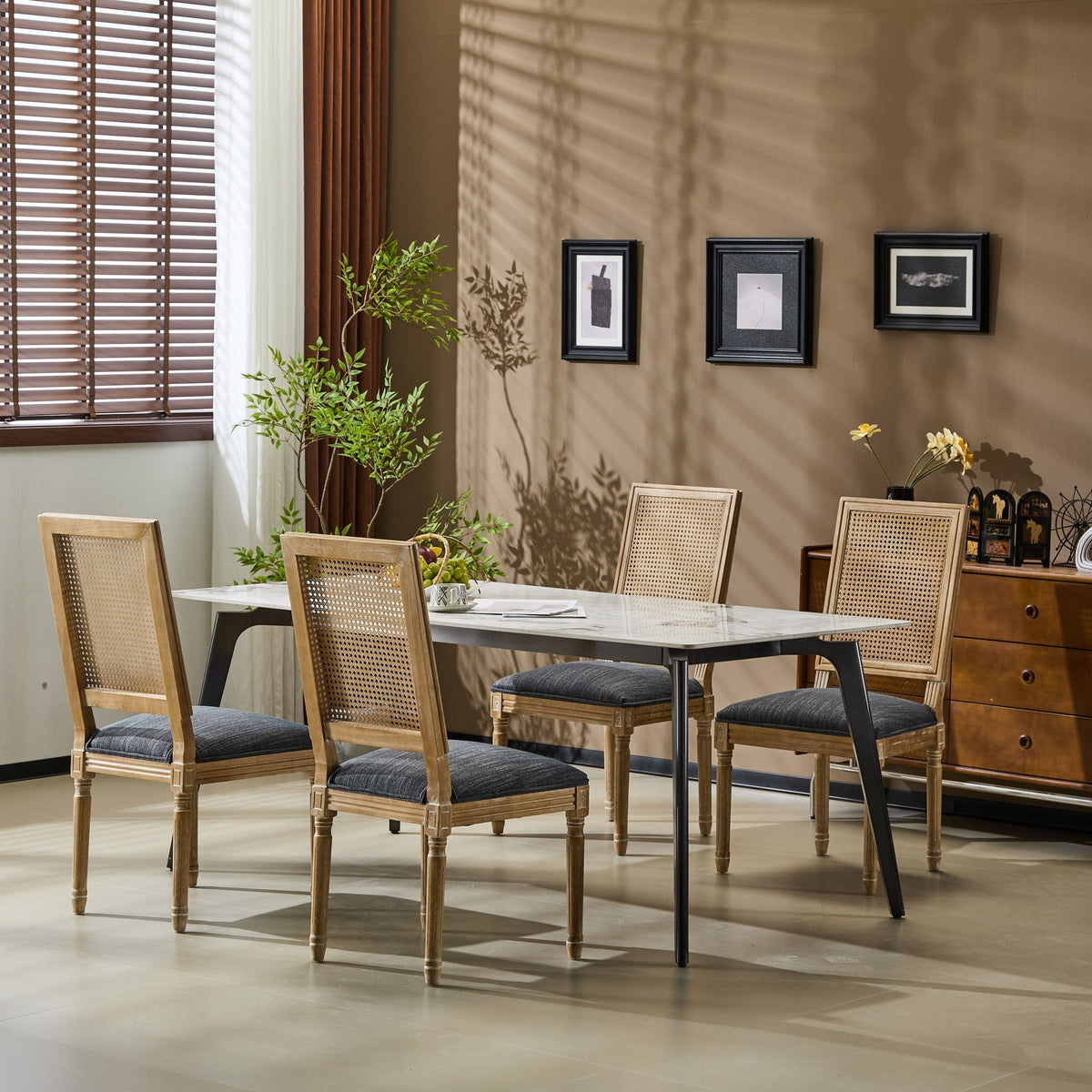 French Country Dining Chair With Rectangular Cane Backrest And Smooth Upholstered Seating - Best Buy Furniture