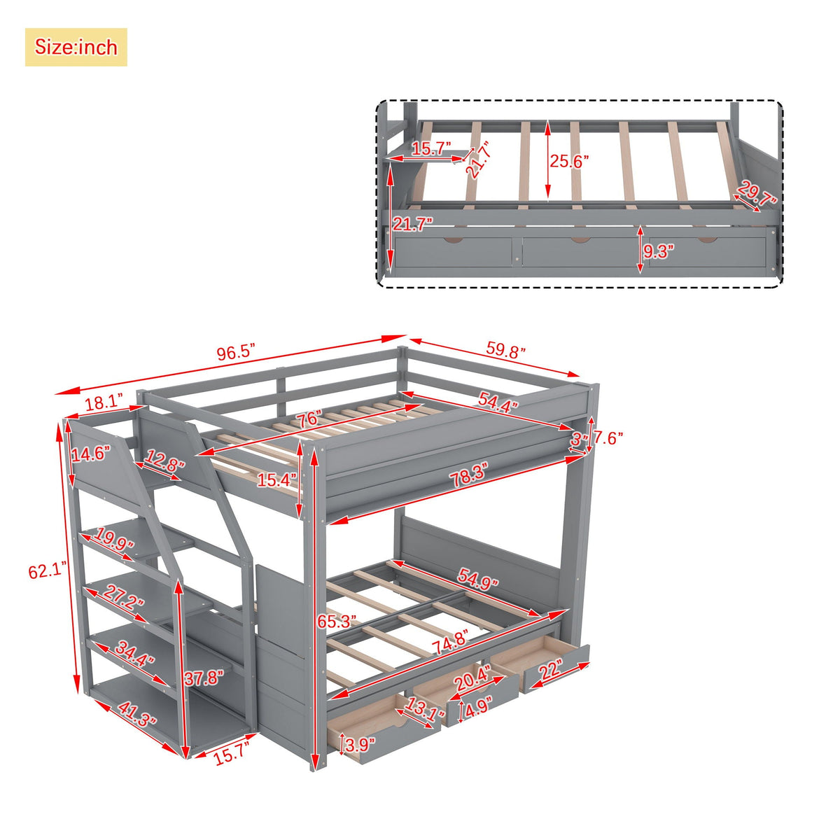 Full Size Convertible Wood Bunk Bed with Storage Staircase - view 4