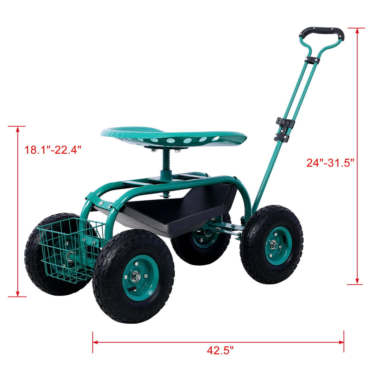 G&H Rolling Garden Scooter Cart with 360° Swivel Seat and Tool Tray