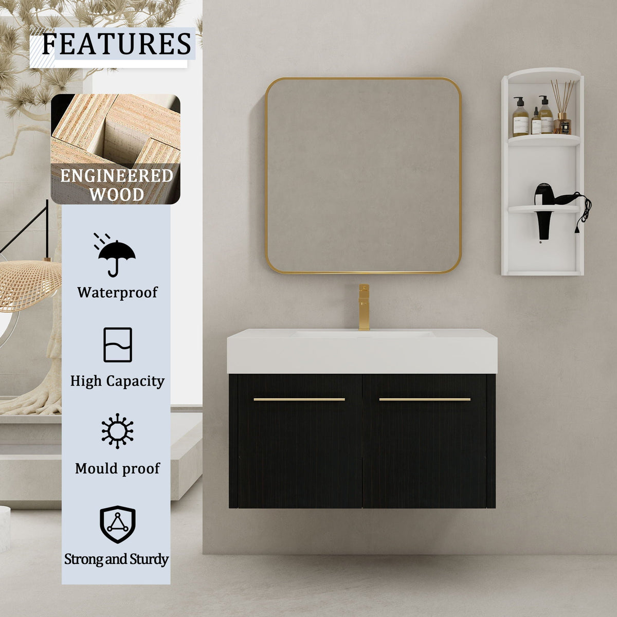 G-lemon Modern Wall Mounted Bathroom Vanity with Resin Sink - view 9