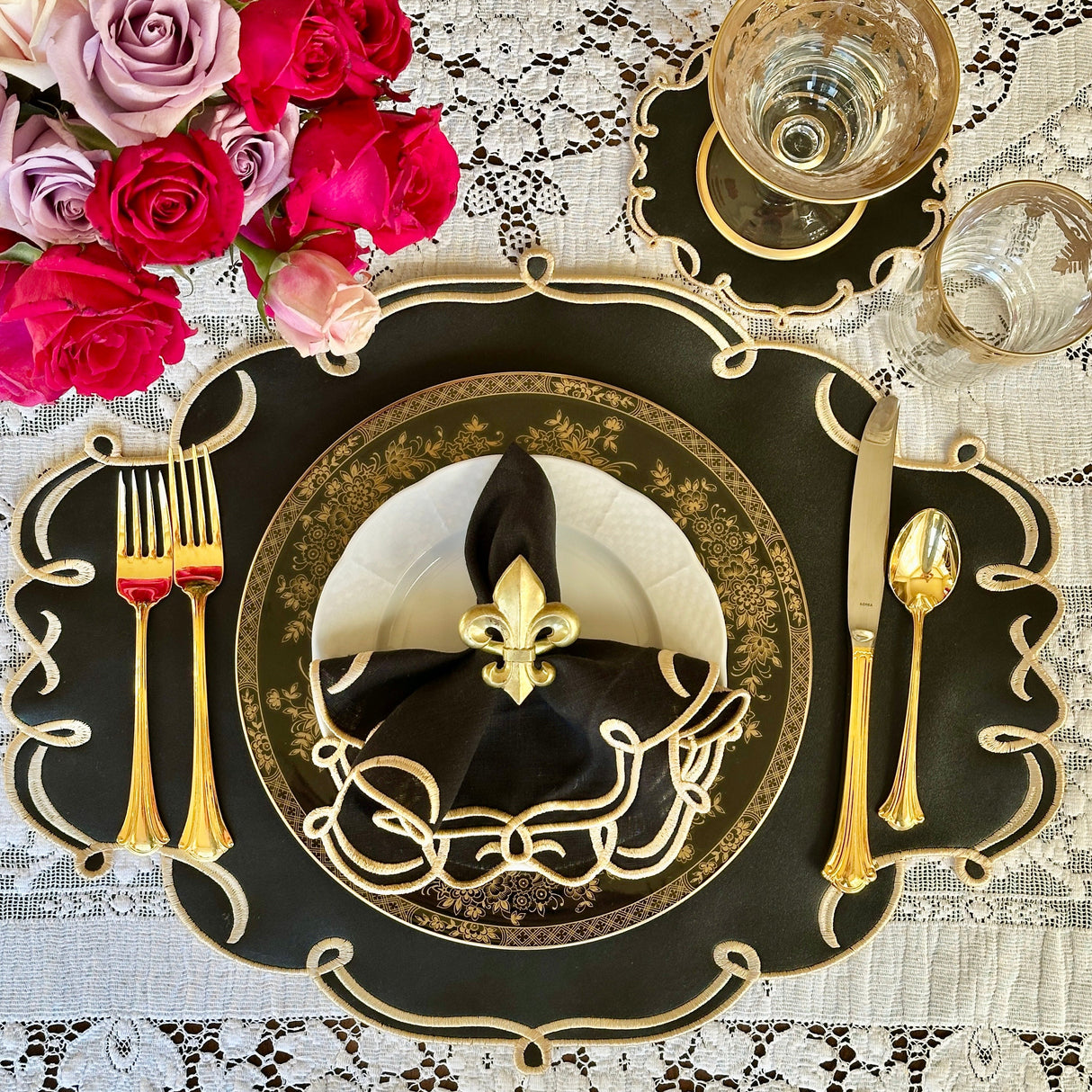 Celestia Black Oval Faux Leather Placemats Set