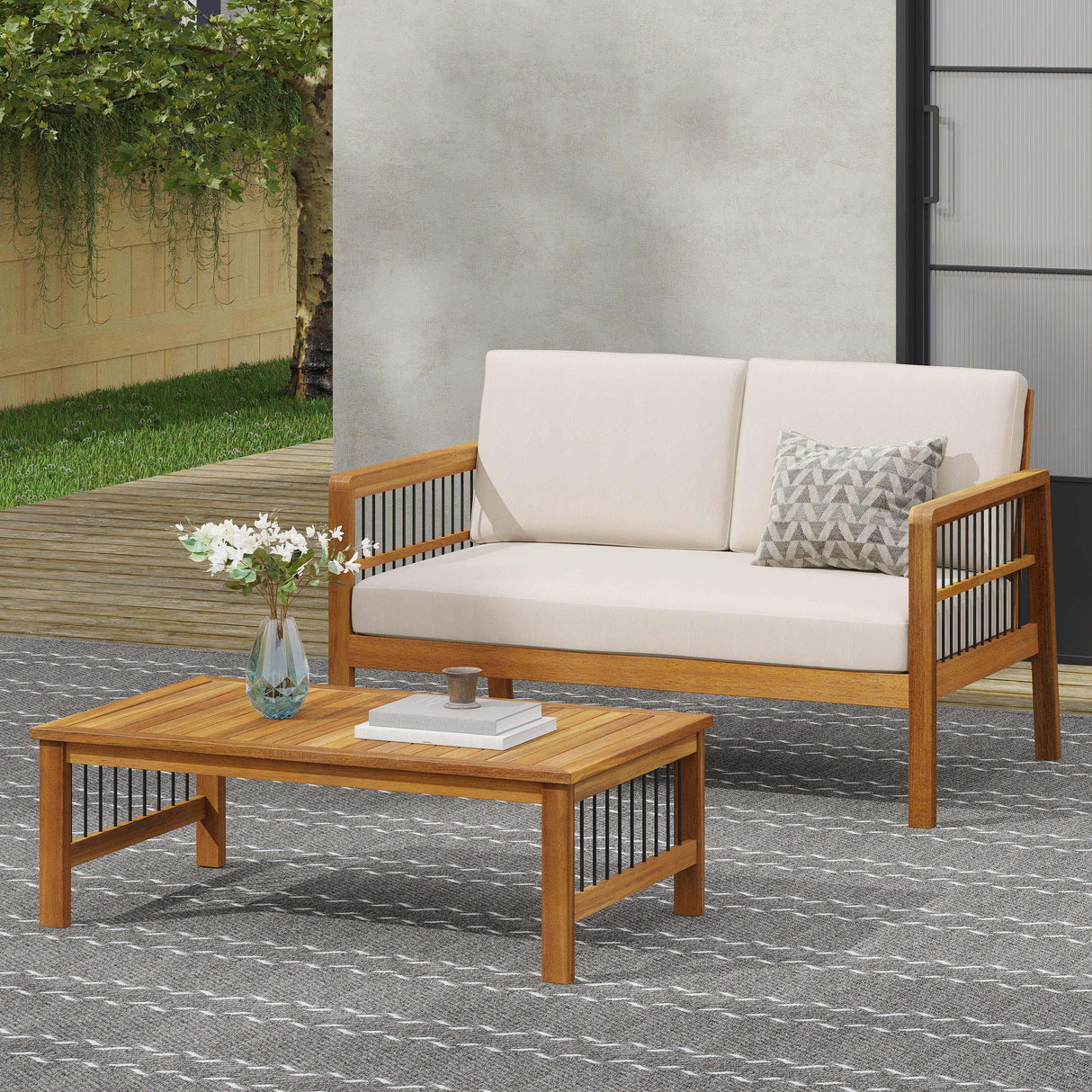 Outdoor Acacia Wood and Iron Loveseat and Coffee Table Set with Cushions, Teak
