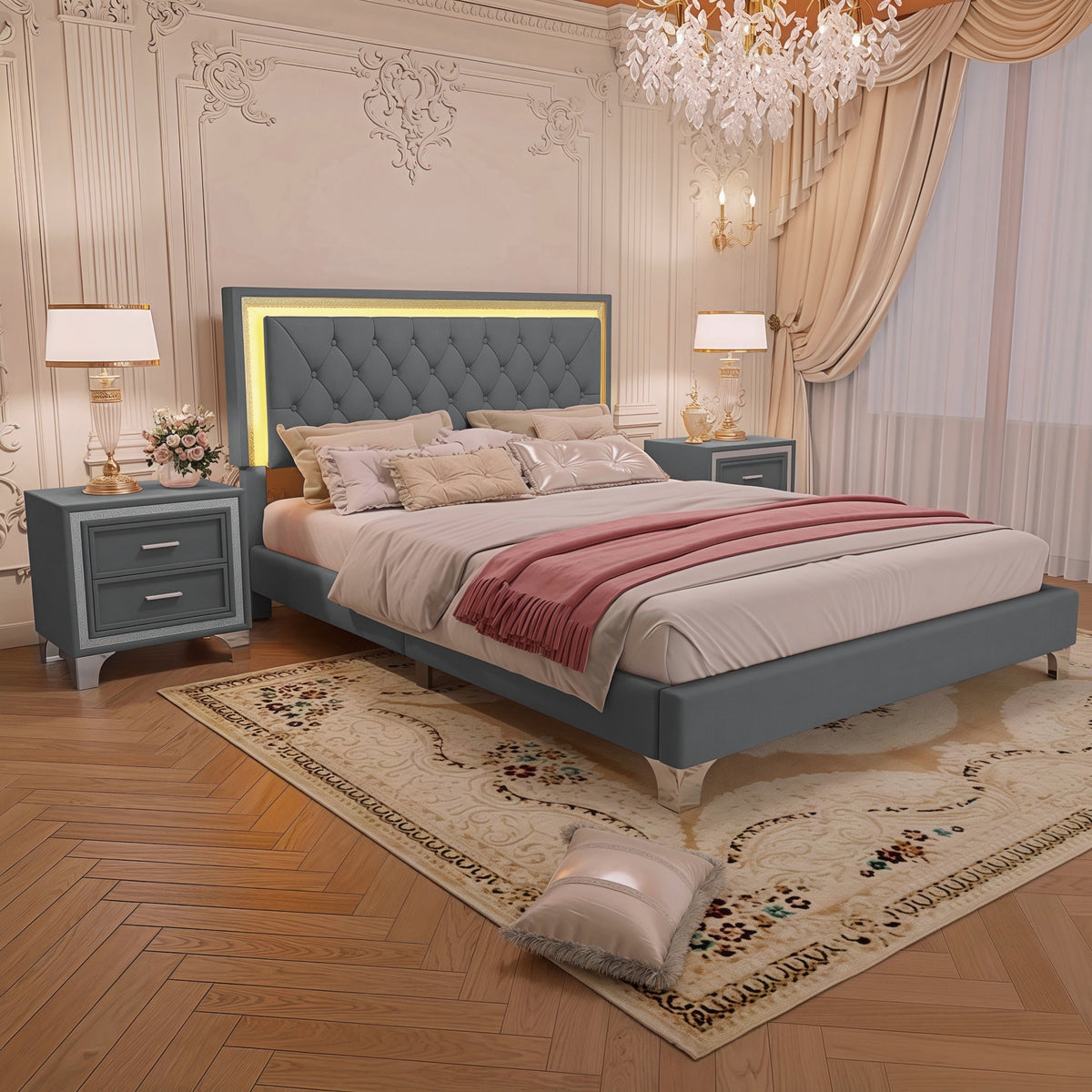 Homey Life Queen Upholstered Platform Bed with LED Lights - view 2