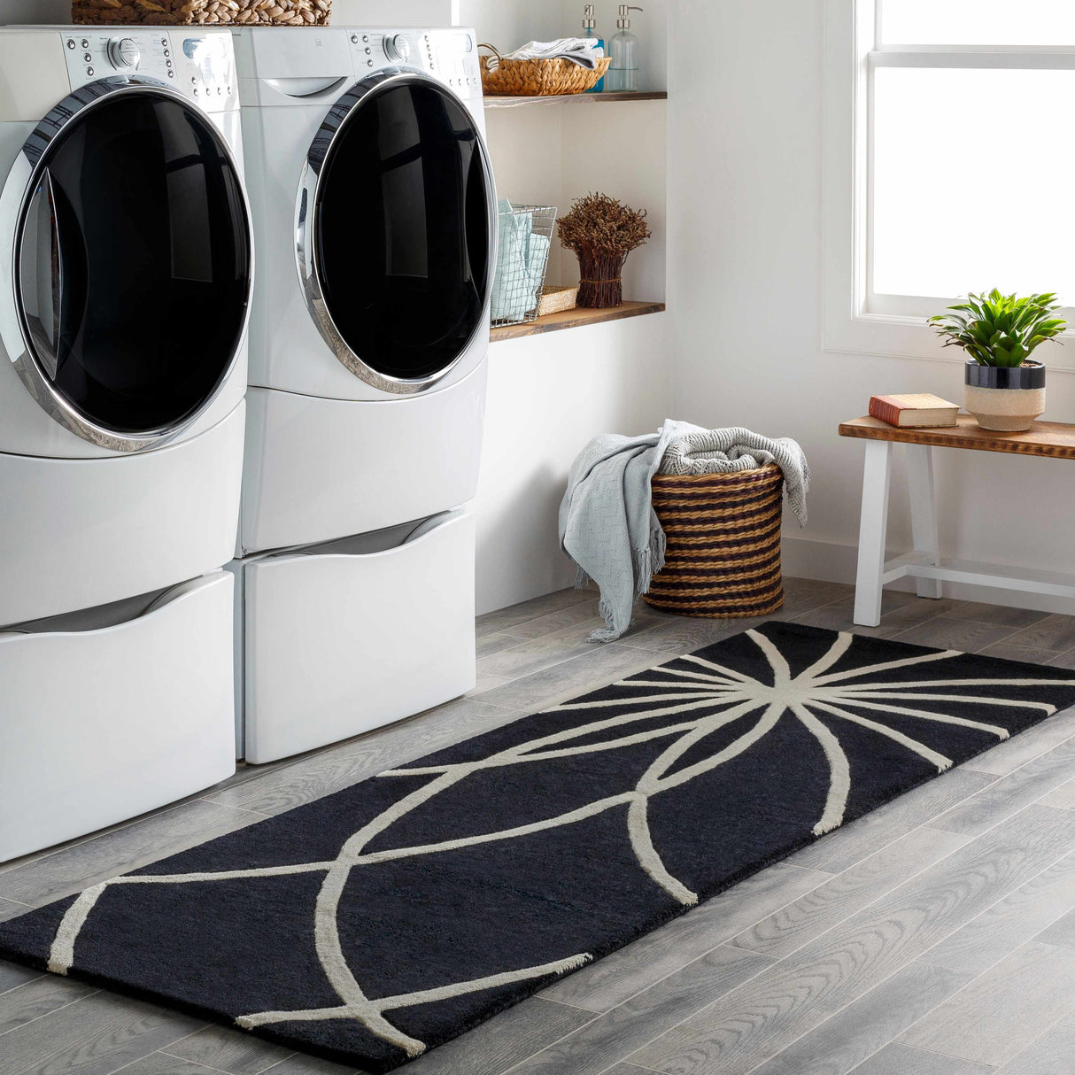 Davison Black Geometric Wool Carpet