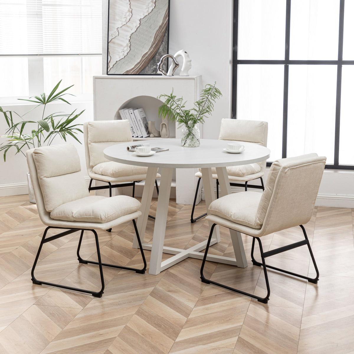 HZ Innes 5-Piece Round Dining Set with Rubberwood Table and Faux Leather Chairs