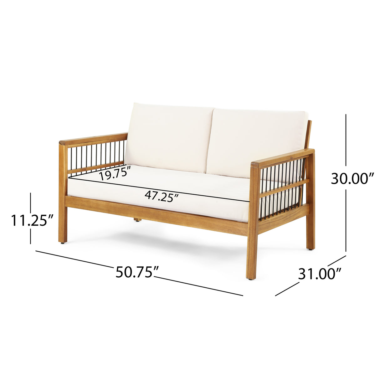Outdoor Acacia Wood and Iron Loveseat and Coffee Table Set with Cushions, Teak