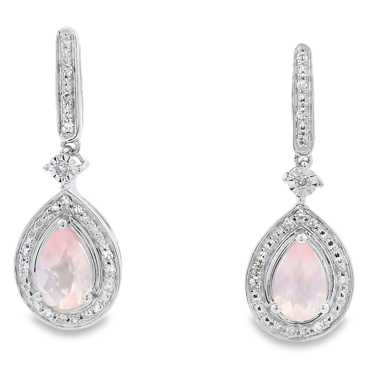 Rose Quartz Diamond Dangle Earrings 10KT White Gold