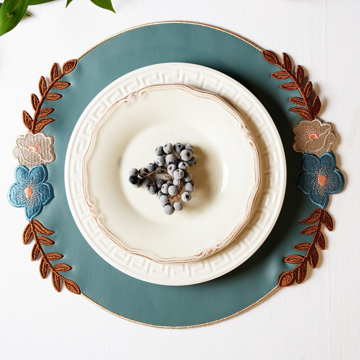 Jasmine Blue Round Faux Leather Placemat